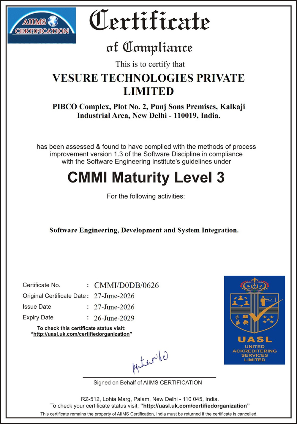 VeSure Technologies CMMI Maturity Level 3 certificate of compliance