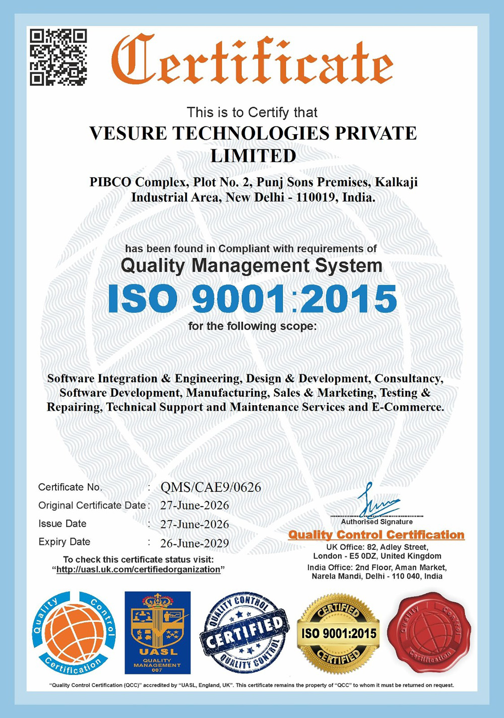VeSure Technologies ISO 9001:2015 Quality Management certificate