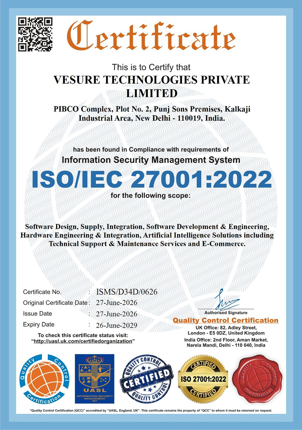VeSure Technologies ISO/IEC 27001:2022 Information Security Management certificate