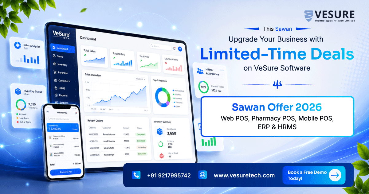 VeSure Sawan Offer 2026: Web POS, Pharmacy POS, Mobile POS, ERP & HRMS Starting at ₹499 - Limited Period
